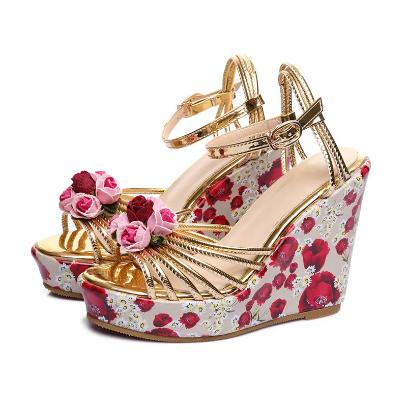 

Womens Peep Toe Platform Flowers Floral Printed Strappy Wedge High Heel Ankle Buckle Slingback Sandals Shoes Gold Sliver A772