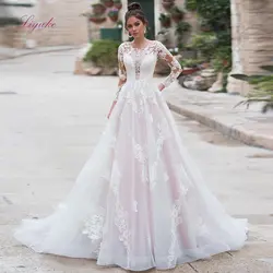 Liyuke 2019, свадебное платье трапециевидной формы, кружевное, длинные рукав с накладной аппликацией, с круглым вырезом, винтажное