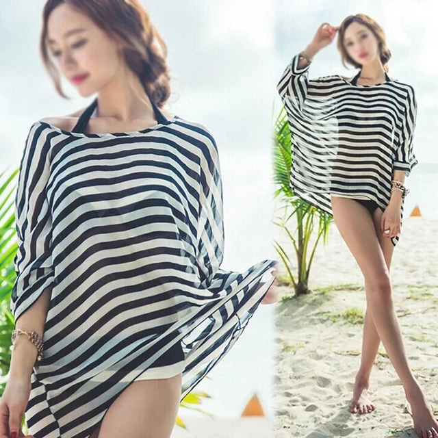 Best Price 5Set Sale Women Bikini Swimwear Cover-Up Beach Dress Oversized Chiffon Bathing Suit Black and white stripes