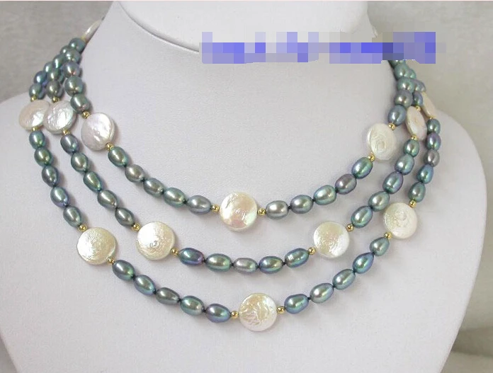

N654 Excellent 50" white coin black rice Pearl Necklace NEW