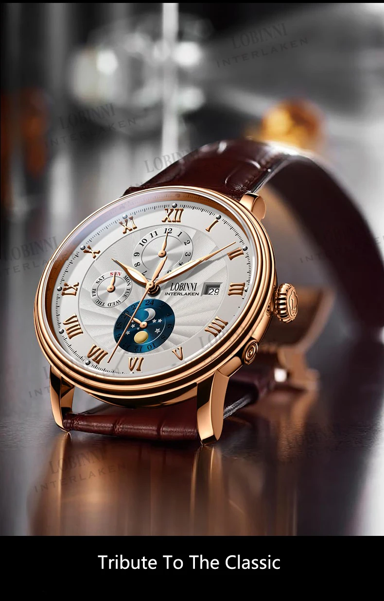 LOBINNI швейцарские мужские часы люксовый бренд наручные часы Чайка автоматические механические часы сапфир фаза Луны L1023B-5