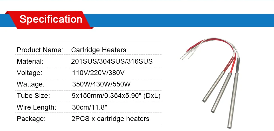 LJXH Нагревательный элемент для пресс-форм Сварка нагревание трубки Dia.9mm/0,35" Длина 150 мм/5,9" AC110/220/380 V, Мощность 350 W/430 W/550 W