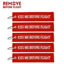 Porte-clés «Kiss Me Before Flight» pour hommes et femmes, étiquette brodée rouge, étiquette de bagage, cadeau d'aviation, 5 pièces/lot