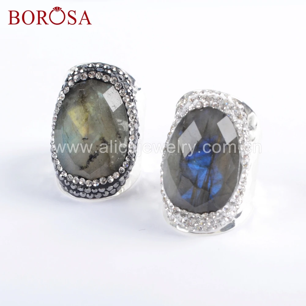 

BOROSA Jewelry 6PCS Silver Color Natural Labradorite Faceted Stone Druzy Ring Crystal Paved Black/White Zircons Rings JAB945