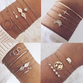 

DIEZI Fashion Silver Color Round Wing Chain Bracelets Bangle For Women Crystal Round Arrow Charm Bracelets Sets Jewelry Gifts