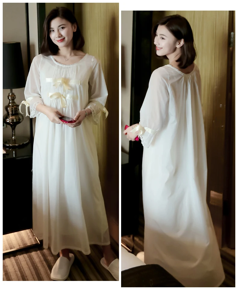 Autumn Summer White Silk Cotton 2- Pics Women's Long Nightgowns Elegant Sweet Princess Royal Loose Plus Size Sleepwear 5589