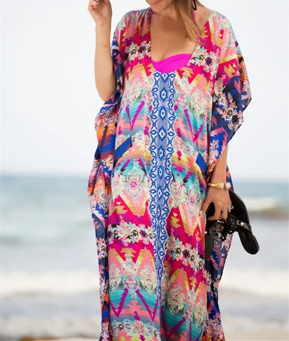 

Beach Cover up Floral Vintage Swimwear Ladies Kaftan Beach Tunic Robe De Plage Long Bathing Suit Cover ups