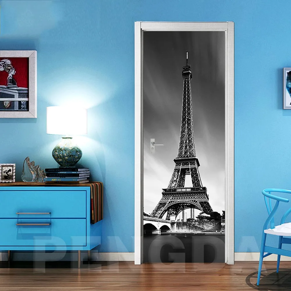 Door XJNN5613-06 Наклейка 3D печать картина самоклеющаяся башня Парижа лошадь маленький город декоративная аппликация водонепроницаемый дом гостиная дверь украшения - Color: Door XJNN5613-06