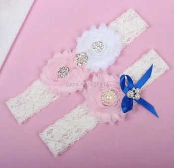 

New Design Blue and white Color Shabby Flower Lace Wedding bride Garter for Bridal Garter With Alloy charms Handmade