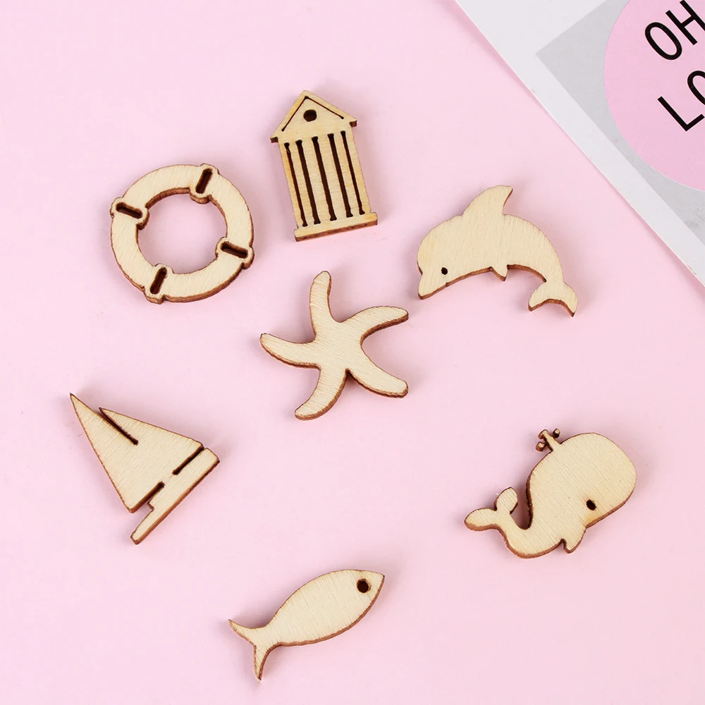 

50PCS/set Mixed Wooden Craft Scrapbook Handmade Sea Theme Whale Fish Shape Sailboat Dolphin Lighthouse Embellishment