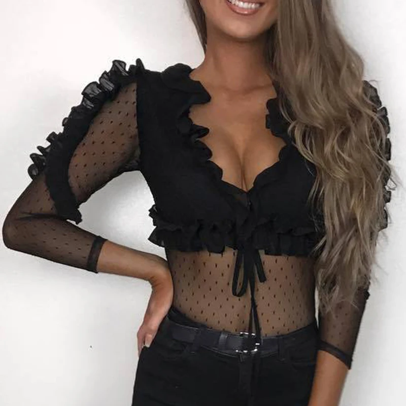 

Women Black White Tshirt Sexy See Through Long Sleeve V Neck Shirt Lace Mesh Patchwork Ruffles Lace Up Tops Party Club Clothes