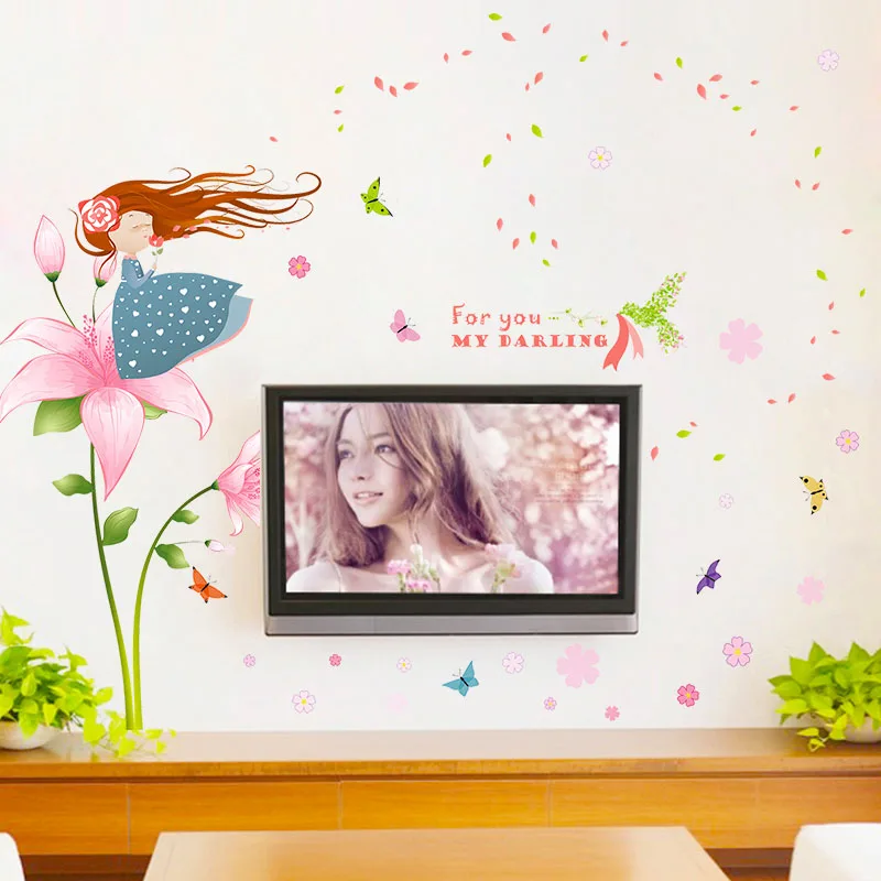 [ZOOYOO] выдувные лепестки девушка наклейки на стену для детской комнаты детская спальня детские наклейки художественные фрески diy украшения для дома