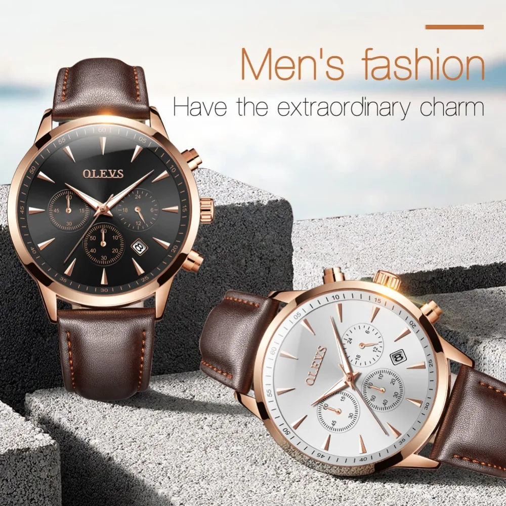 

OLEVS Quartz Genuine Leather watches racing Men Students game Run Chronograph Watch Male glow hands Water Resistant Wrist watch