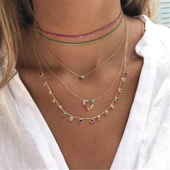 

Fashion rainbow cz simple charm Neckalce delicate women girls jewelry Gold color statement charm choker necklaces