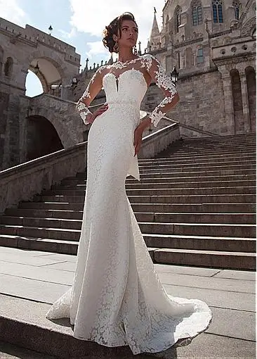 Дизайн изысканное кружевное свадебное платье с Имитация Длинного Рукава шеи и спины свадебное платье годе Vestido De Noiva