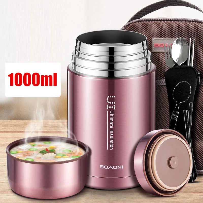 Purple 1000ml BOAONI 1000 мл пищевые термоконтейнеры с вакуумной изоляцией для супа термос 18/8 коробка для ланча из нержавеющей стали с складная ложка - Цвет: Purple 1000ml