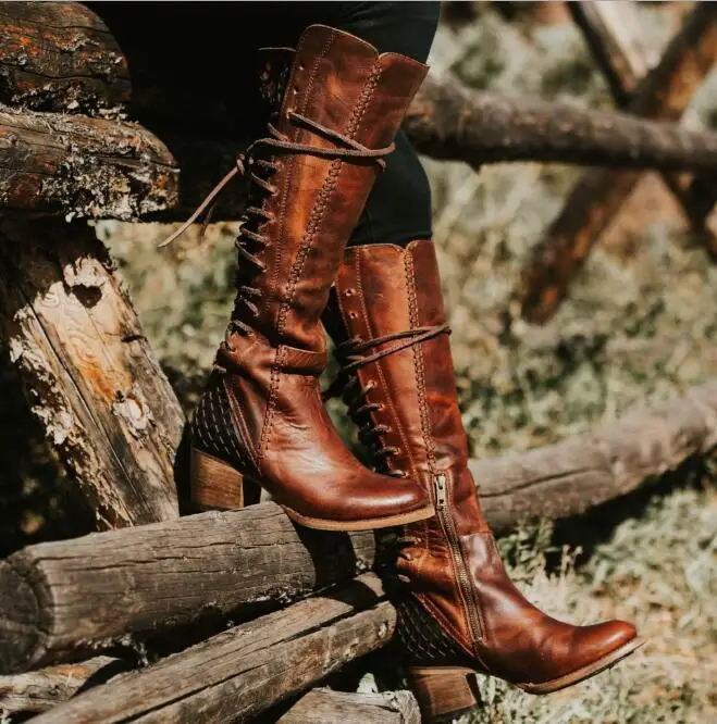 

sapato feminino women boots knee high vintage PU leather shoes woman cross-tied lace up gladiator booties girls chaussure