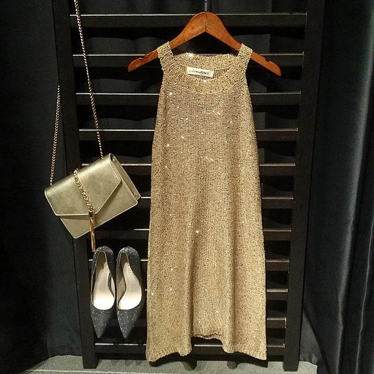 Cakucool abiti in maglia con paillettes senza maniche lucido oro Lurex  prendisole aderente abiti Slim Halter o collo elegante Mini abito  Slip|knitted dress|dress sleevelessslip dress - AliExpress