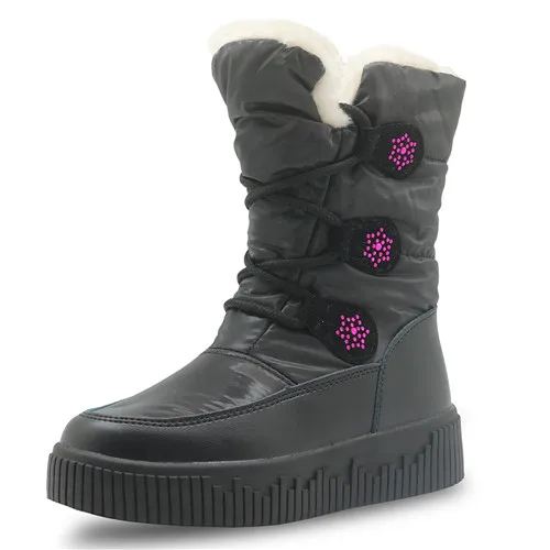 Apakowa/Водонепроницаемые зимние ботинки для девочек; теплая плюшевая детская обувь; детская обувь из искусственной кожи для девочек; обувь до середины икры на плоской подошве; европейские размеры 27-32 - Цвет: Black