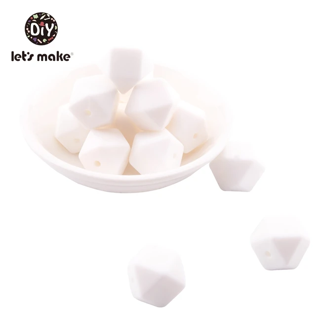 Let's Make Silicone Beads Hexagon Beads 14mm 10pc Food Grade Silicone Teether DIY Pacifier Clips Beads Necklace Baby Teether White