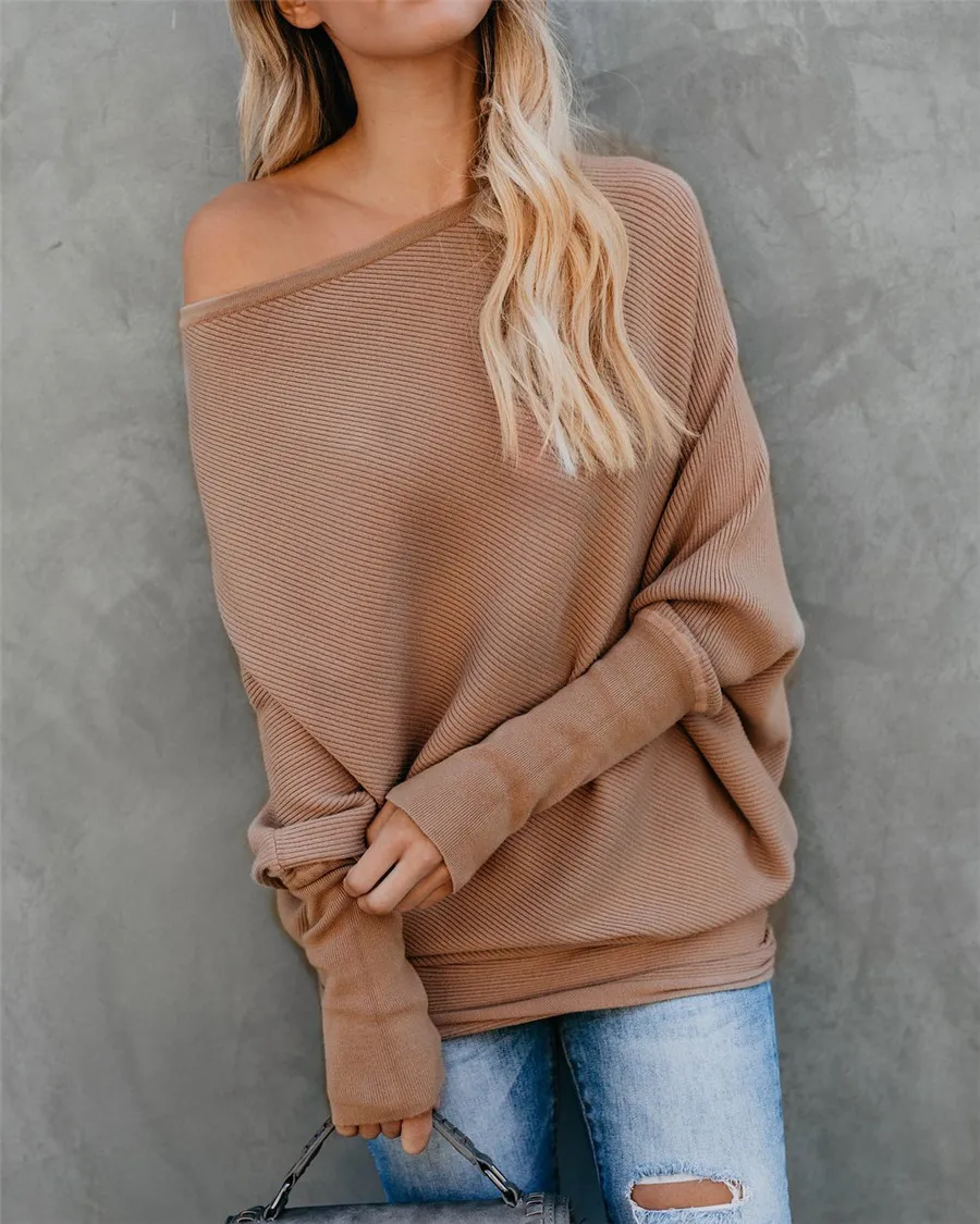 Gladiolus Slash Neck Sexy Autumn Winter Sweater Women 2018  Long Sleeve Loose Casual Long Knitted Pullover Women Sweater Jumpers (15)