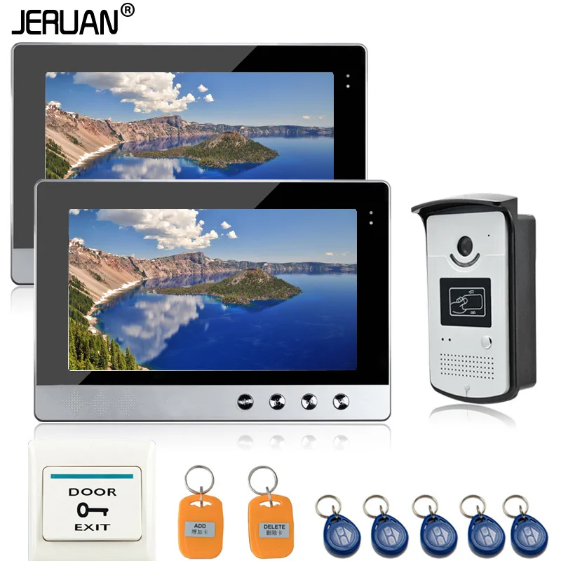 

JERUAN Wired 10" LCD Screen Video Door Phone Intercom RFID Access System 2 Monitors + 1 Waterproof Door Camera +1 exit button
