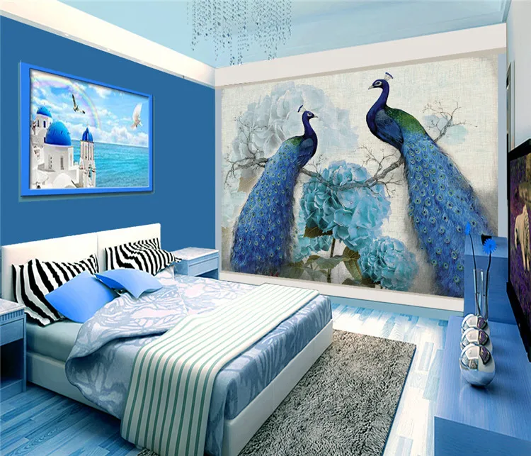Фреска цветок синий ретро обои Гостиная диван обои ТВ задний план спальня обычай покрытия стен Павлин 3d