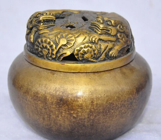 

shitou 002484 Marked Chinese fengshui bronze foo dog lion beast statue Incense Burner Censer