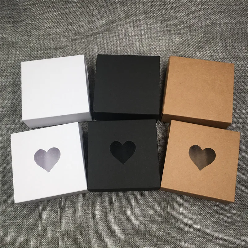 

100Pcs/Lot Kraft Drawer Box With PVC Heart Window For Gift\Crafts\Jewelry\Macaron Packing Brown Paper Storage Boxes