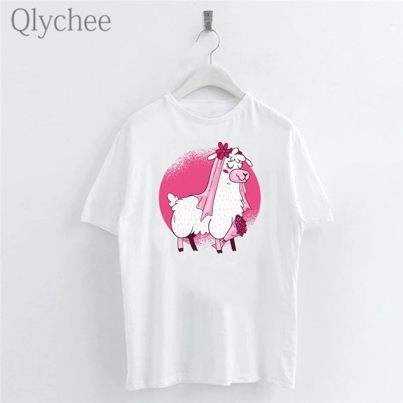 

Qlychee Harajuku Beauty Alpaca Print Female T Shirts Top Tees Crew Neck Short Sleeve Summer Spring Loose Women T-shirts T Shirt