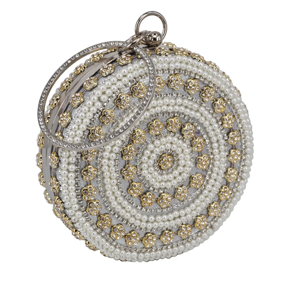 Милые яркие серебряные Кристальные белые жемчужные круглые браслеты на руку, сумка на цепочке, сумки для свадебной вечеринки, Женская сумочка, вечерняя сумка