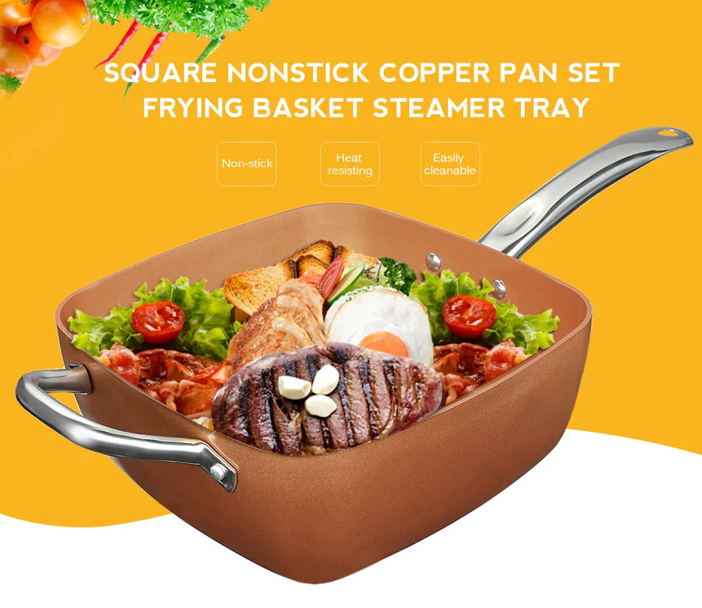 7pcs Square Nonstick Copper Pan Frying Basket Steamer Tray Pastry Brush