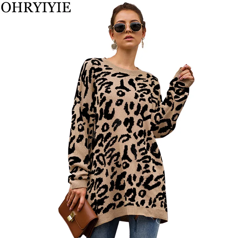 

OHRYIYIE Autumn Winter Thick Long Sweater Women Fashion Streetwear Loose Large Size Leopard Pullovers Female Knitted Tops S-XL