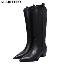 ALLBITEFO/высокие женские сапоги из высококачественной натуральной кожи с острым носком на высоком каблуке Высококачественная женская обувь ковбойские сапоги