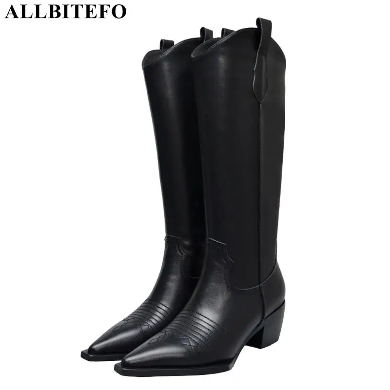 

ALLBITEFO high quality genuine leather pointed toe high heels long women boots high quality women high heel shoes cowboy boots
