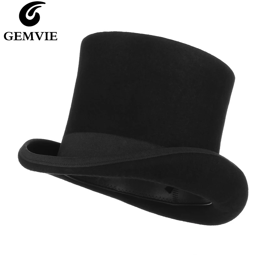 GEMVIE 17 см Винтаж Top Hat для Для мужчин шерстяные мягкие шляпы цилиндр для Для женщин Безумный Шляпник Flat Top президент вечерние Дерби Шляпа