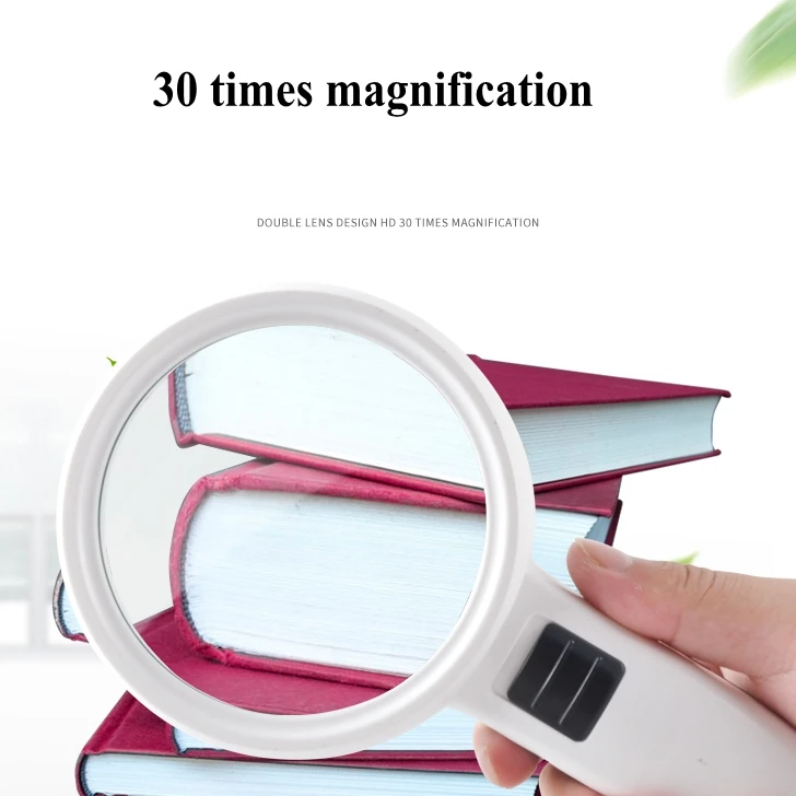 

Portable 30 times HD handheld magnifier Child student senior citizen reading magnifying glass Carrying LED lights Repair tool