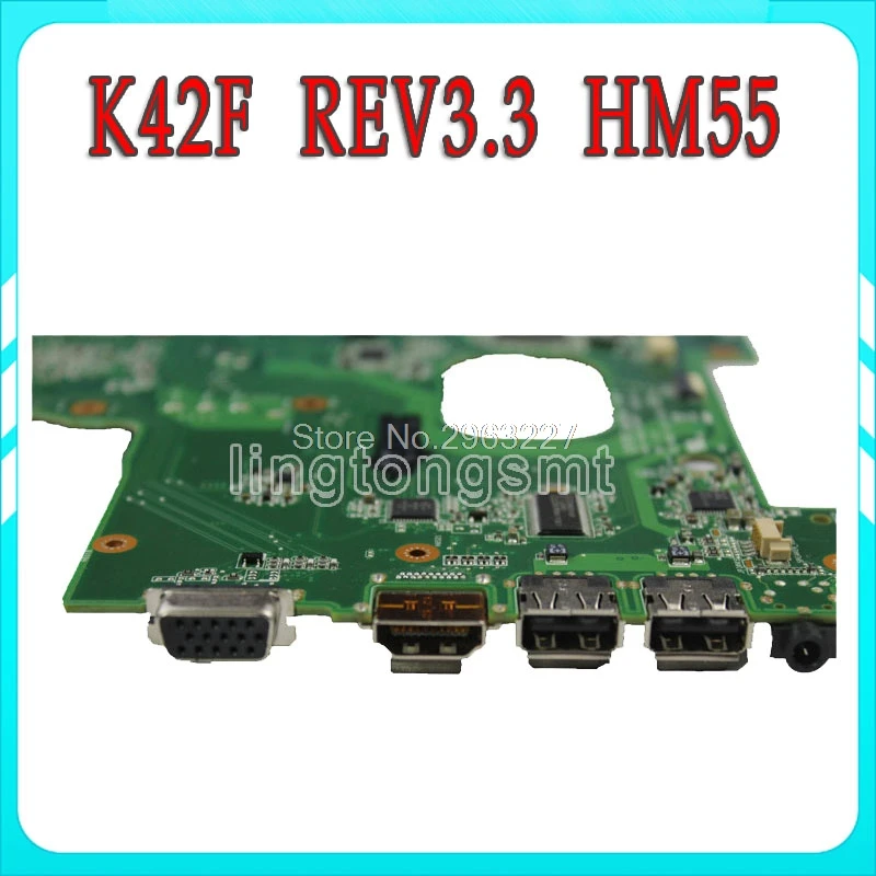  For Asus K42F Rev 3.3 GMA HD USB2.0 HM55 PGA989 DDR3 VRAM Main Board K42F Notebook Motherboard P42F