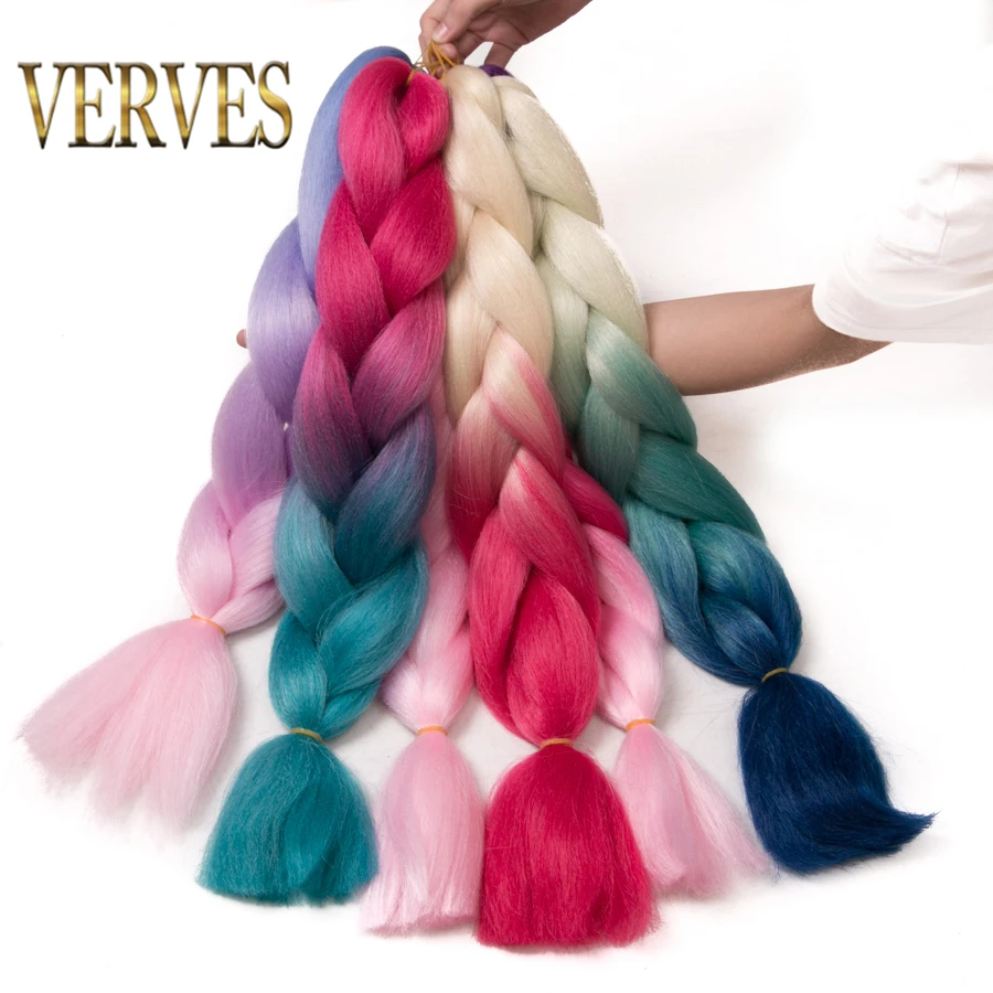 VERVES плетеные волосы, 1 шт., 24 дюйма, огромные косички, 100 г/шт., синтетические волосы с эффектом омбре, высокотемпературное волокно для наращивания, вязанная косичка