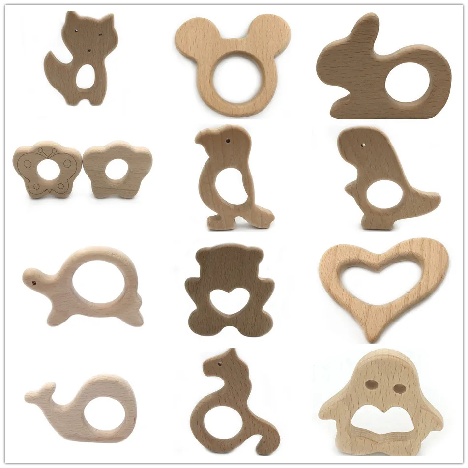 

3PC BPA FREE Natural Beech Wood Teether Cartoon Animal Shape Wooden Baby Teether Toy Safe baby New Teething Toy Baby Shower Gift