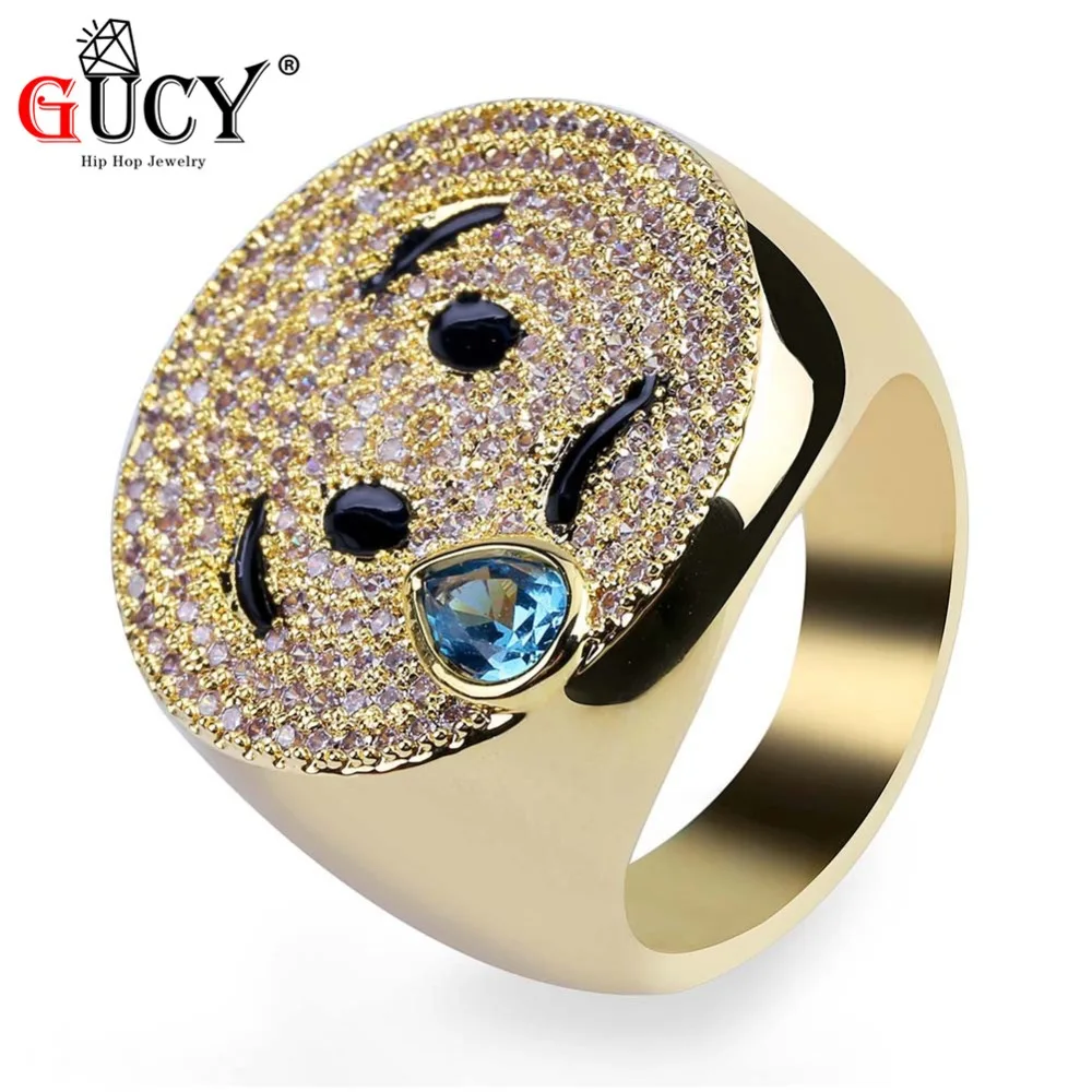 

GUCY Hip Hop Emoji Weeping Face Ring Gold/Silver Color Iced Out Micro Pave CZ Stone Expression Weep Rings Gift For Men Women