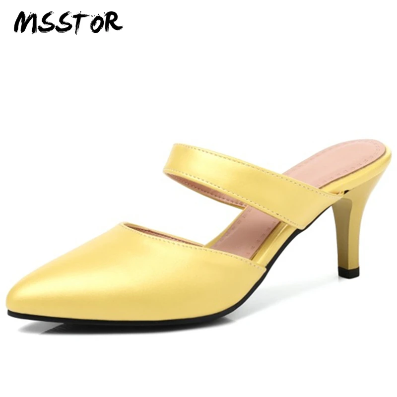 

MSSTOR Pointed Toe Mules Shoes Yellow White Concise Rubber Hollow Thin Heels Outside Casual Slippers Women Fashion Summer Shoes