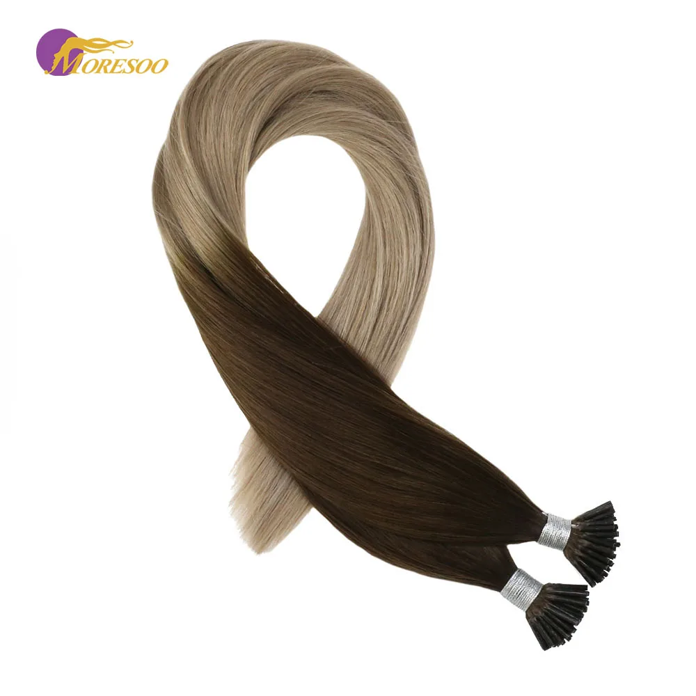 

Moresoo Pre Bonded Hair Extension I Tip Human Hair Extension Ombre Color Brown #4 Fading to Ash Blonde #18 Remy Hair 0.8g/1s 40G