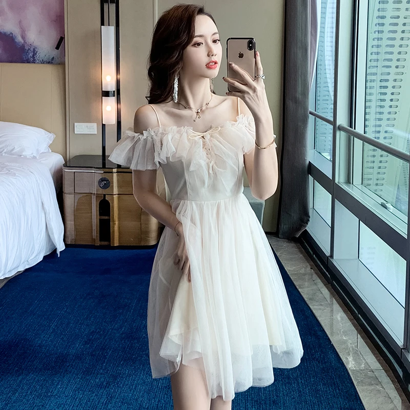 

White Mesh Off Shoulder Short Sleeve Summer Elegant Dresses Women Party Night Club Pleates Dresses for Sweet Girls