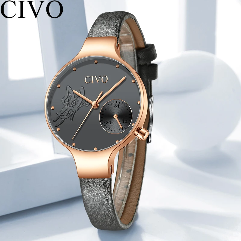 

CIVO Fashion Girl Watch Women Silm Waterproof High Quality Genuine Leather Ladies Watches Date Calendar Unique Wristwatch Clock