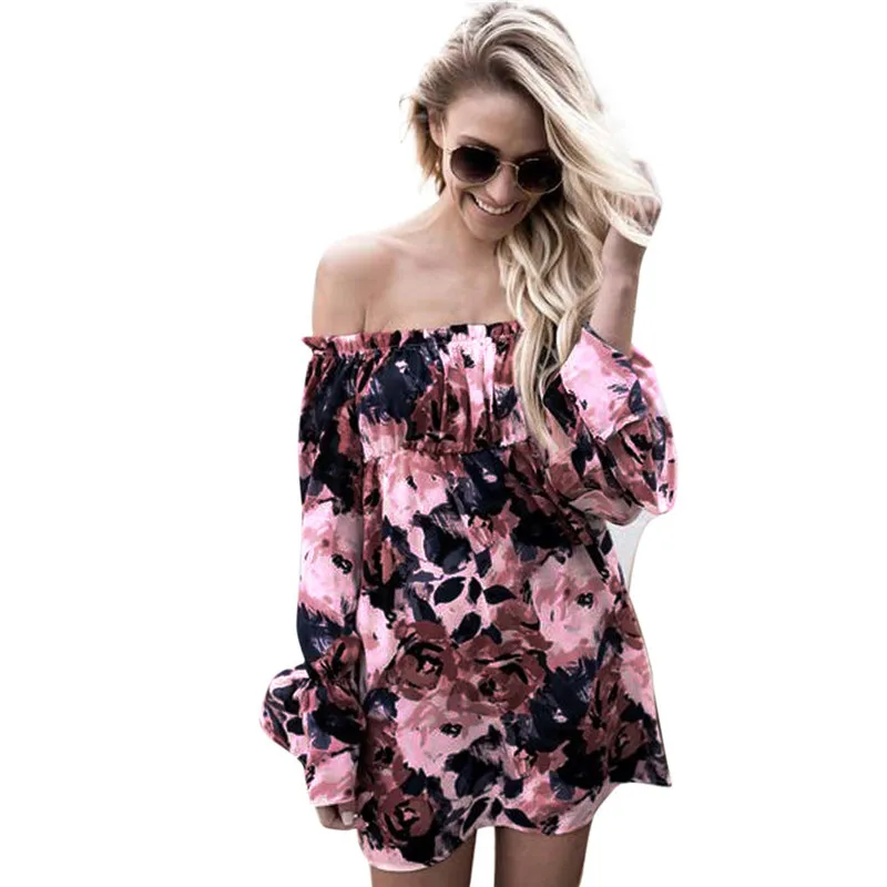 5505 Women Pullover Print Shirt Dress Off Shoulder Casual Dressshirt