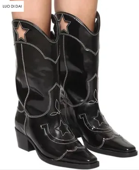 

2019 new women half boots block heel mid calf boots women embroidery boots ladies party shoes western black leather booties