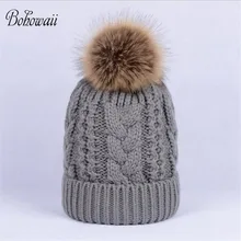 Bohowaii модные зимние Шапки для Для женщин помпон натуральный вязаный подшлемник одноцветное Цвет Повседневное теплый капот Femme