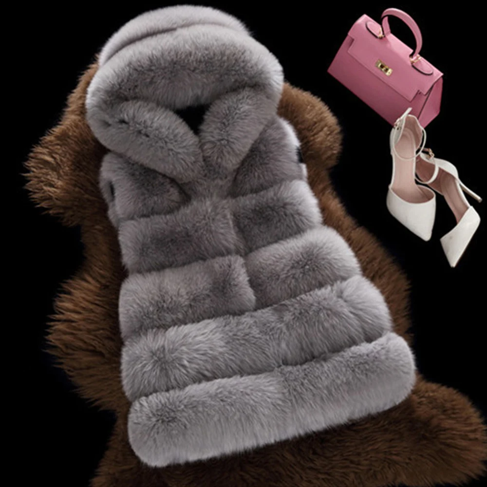 Женский модный жилет из искусственного меха, зимнее теплое меховое пальто с капюшоном, верхняя одежда из искусственного меха