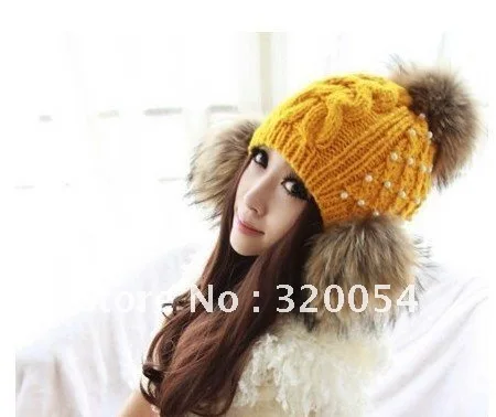 1 шт., 2013 newraccoon hair hat, зимняя женская вязаная шапка, рождественский подарок, желтый